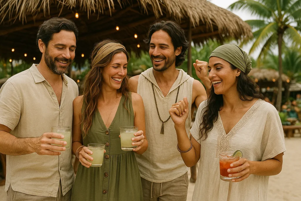 cuatro personas con ropa tuluminati festejando en un beach club
