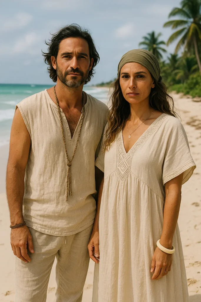 dos personas con ropa tuluminati en una playa de tulum