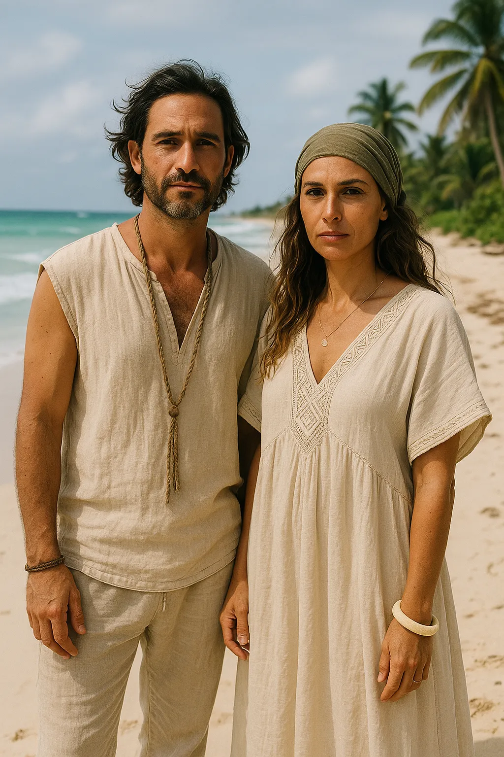 dos personas con ropa tuluminati en una playa de tulum